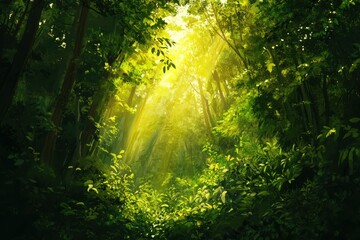 Obraz premium A lush and lively woodland where beams of sunlight filter through the dense canopy of green leaves