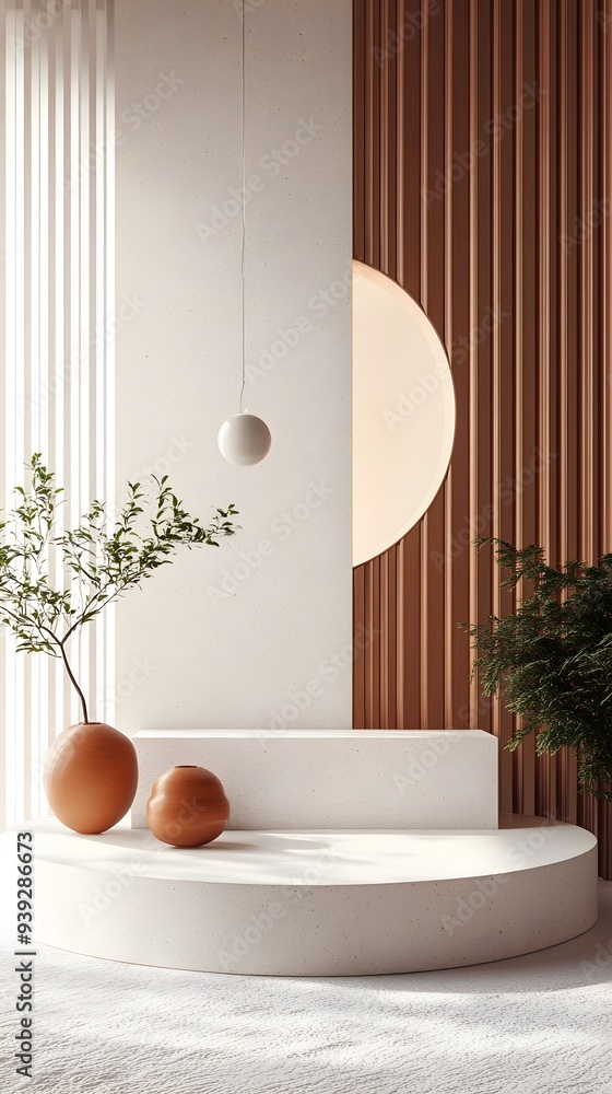 Poster 84. modern 3d render with dynamic geometric patterns and a smooth circle ceramic backdrop