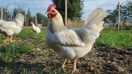 Fototapeta premium This image captures a white chicken standing proudly in a farm environment on a sunny day, highlighting rural life and livestock in natural settings.