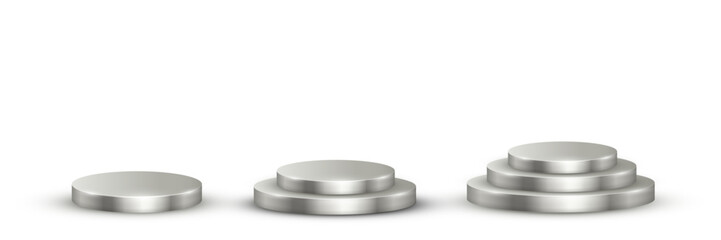 Silver podium for awards or product display vector illustration set. Empty 3d platinum stages on white background. Luxury elegant platforms for cosmetics presentation, ceremony pedestals for winners.