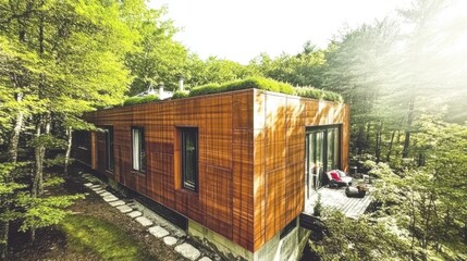 Sustainable Minimalism, A contemporary eco-home featuring sleek lines, an open layout, and a lush green rooftop, harmonizing modern design with environmental consciousness.