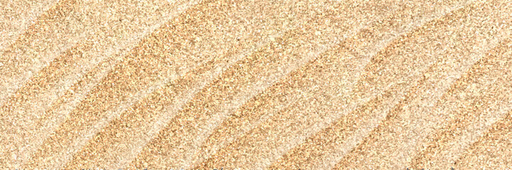 Sand background top view. Beach or desert texture with golden sandy waves or dunes. Golden brown sandy surface captures beauty and simplicity of nature. Realistic 3d horizontal vector illustration.