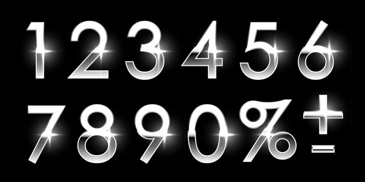 Birthday silver numbers isolated on black background. Collection of anniversary chrome white gray numbers. Luxury bright metallic font. Realistic vector design elements for party, holiday, sale.