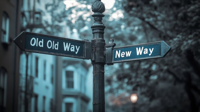 Photograph of intersecting street signs marked 'Old Way' and 'New Way' in urban area, depicting concept of decision and transition.
