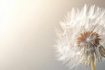 Fragile dandelion fluff in faded focus on a gentle, neutral background; soft fibers convey a sense of warmth and hopefulness in a peaceful, calming composition