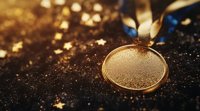 A shimmering gold medal attached to a blue ribbon, laid against a background adorned with golden stars, symbolizing achievement, success, and excellence in competitive fields.