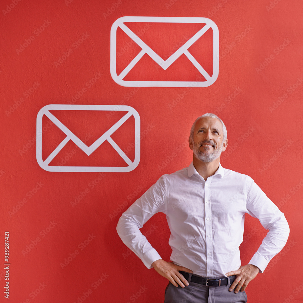 Poster mature man, thinking and communication icon in office for email, message and marketing campaign. man