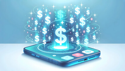Fototapeta premium Flat Smartphone with Holographic Dollar Signs concept as Horizontal shot of a smartphone on a white surface with glowing holographic dollar signs floating around it offering a high impact Black Friday