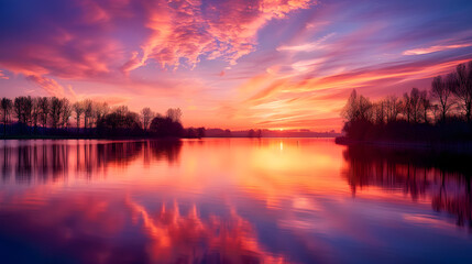 Fototapeta premium sunset over lake,Stunning Sunset Over Tranquil Lake with Vibrant Colors and Reflective Water, 