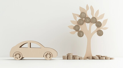 3d paper cut beige car coin tree white background eco electric hybrid vehicle financial savings sustainability green energy concept copy space visual fuel eco cost