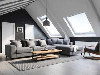 Gray attic living room interior with sofa. 3d rendering
