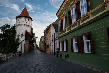 View on the medieval fortification wall of Sibiu with the Carpenter’s (Dulgherilor) and Potter’s (Olarilor) Towers, Sibiu, Romania