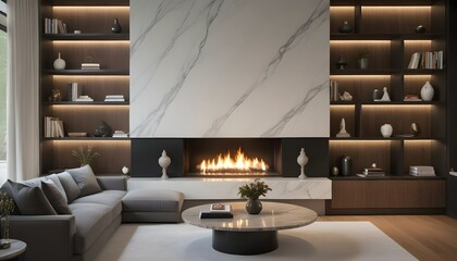 A modern living room with a large marble fireplace surrounded by built-in shelves, a low wooden coffee table, and a gray sectional sofa.