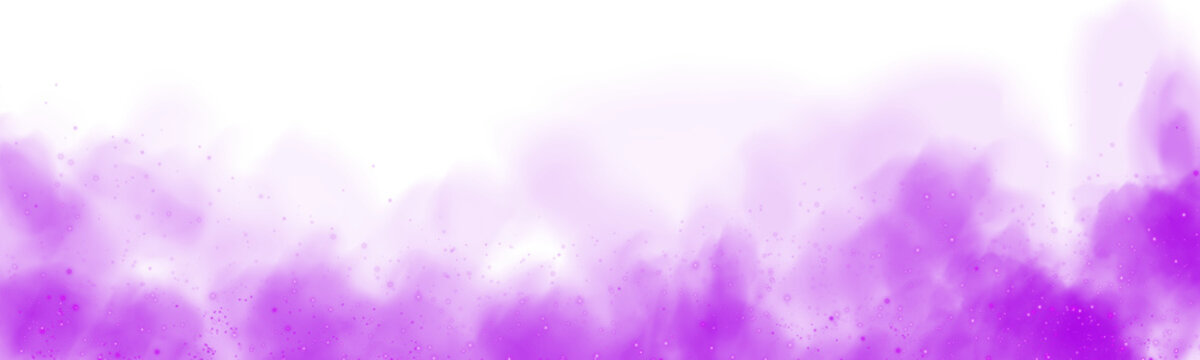 Fantastic purple smoke background. Magic purple smoke with glitter and small particles of twinkling stars. Fog with luminous particles. Purple vapor with stardust. Morning fog over land or water surfa
