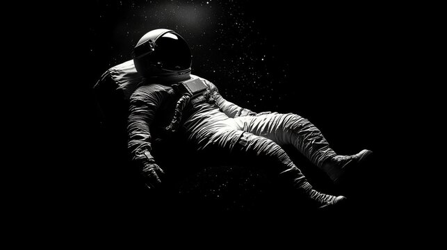 A lone astronaut floating in the vast emptiness of space with a background filled with tiny stars, symbolizing the isolation and wonder of space exploration and the human spirit of adventure.