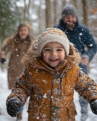 Happy child joyfully playing in the snow with parents in a winter forest on a snowy day