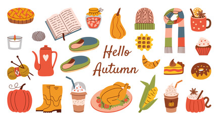 Flat style cozy autumn set featuring seasonal items like pies, knitting supplies, drinks, boots, and cozy accessories. Perfect for fall-themed projects, designs, and creative endeavors.