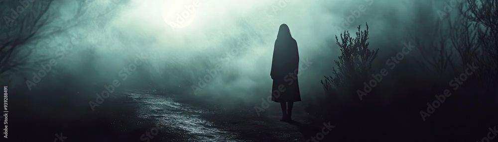 Poster a mysterious figure shrouded in fog walks along a dimly lit path, creating an eerie atmosphere in a 