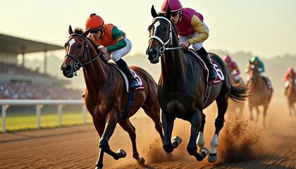 A horse race portrait from the starting gate shows the lead horse bursting out, dirt flying, and jockeys in focus, conveying excitement.	
