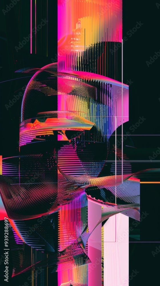 Sticker This image displays abstract digital art featuring vivid neon colors and glitch-like elements, resulting in a futuristic and visually captivating effect that's bold and striking.