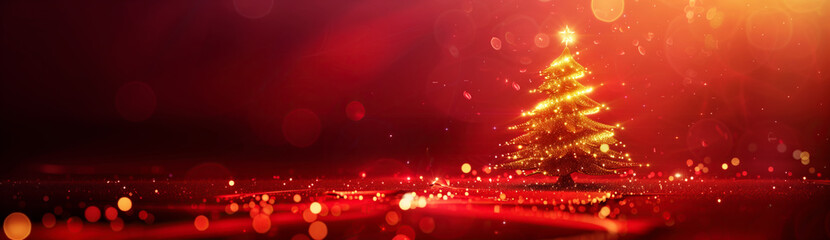 .golden and silver lights in christmas tree shape on red background with copy space.