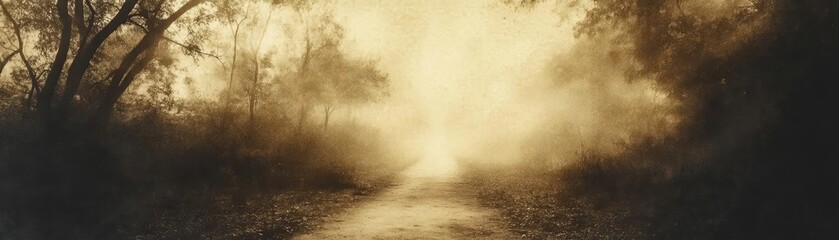 A serene landscape illuminated by soft, warm light, featuring a misty path that invites contemplation and tranquility.