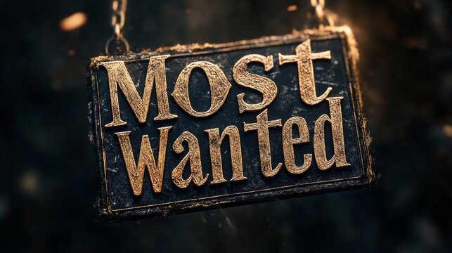 A gritty and dark-themed wooden sign with the text 'Most Wanted,' suspended by a hanging chain, evokes a sense of suspense, danger, and mystery.