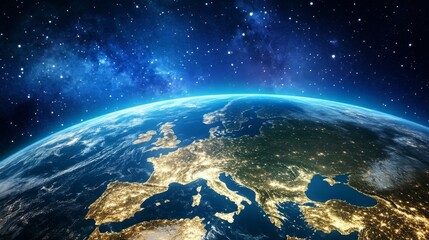 Fototapeta premium A stunning view of Europe from space at night, showcasing the illuminated continent beneath a starry sky and the Milky Way, emphasizing connectivity and beauty of Earth.