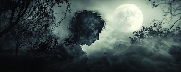A haunting silhouette against a mysterious moonlit backdrop, evoking themes of mystery and nature's beauty.