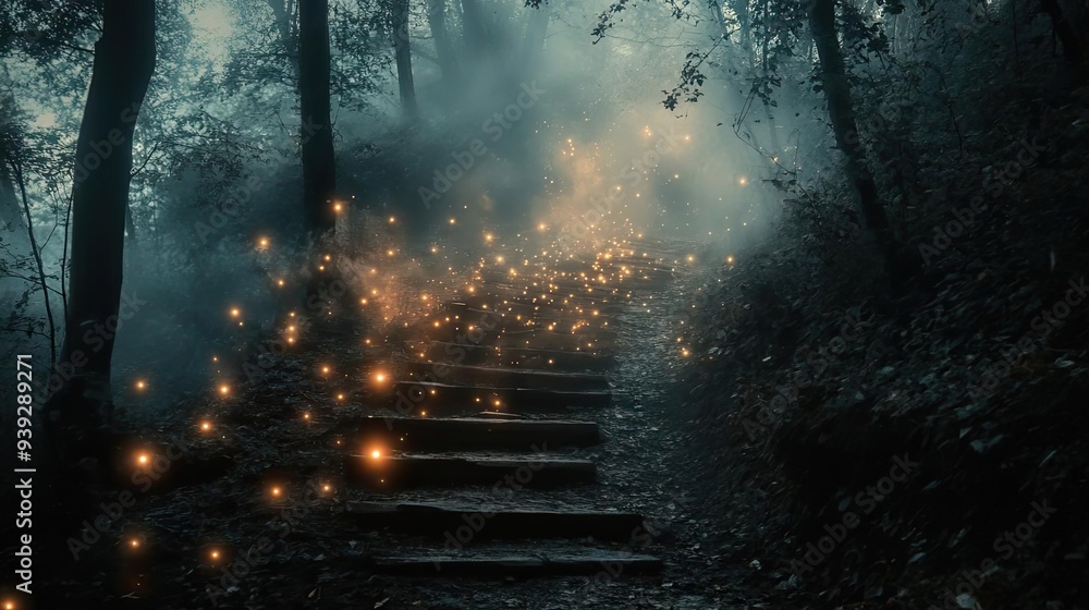 Poster a mystical forest scene with a path illuminated by shimmering lights, creating an enchanting atmosph