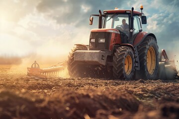 Farm worker driving tractor prepares for harvest
