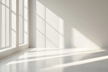 Sunlight streaming through windows into a white room