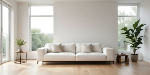 A modern, minimalist living room with a large white sofa, wooden floor, and a window with natural light streaming in.