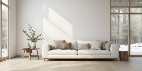 Fototapeta premium A modern, minimalist living room with a large white sofa, wooden floor, and a window with natural light streaming in.