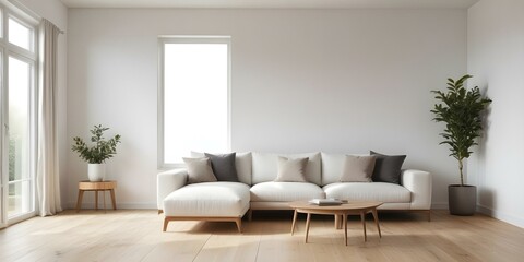 A modern, minimalist living room with a large white sofa, wooden floor, and a window with natural light streaming in.