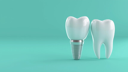 3d dental implant tooth teal background oral health care dentistry concept medical visual clean minimal design copy space professional banner pastel bright  ad campaign orthodontic clinic service 
