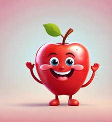 Cheerful cartoon red apple character with cute smile. Sweet apple fruit, happy funny food personage. Healthy food concept. Generative AI.