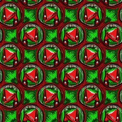 Modern christmas foliage bauble in traditional red green colors for festive home decor. Scandi bright yuletide holiday background in repeatable tile swatch.