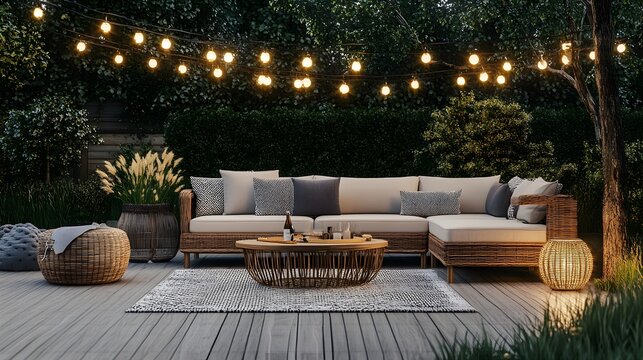 17. A chic outdoor patio with a rattan sofa set, a coffee table, and a string of lights
