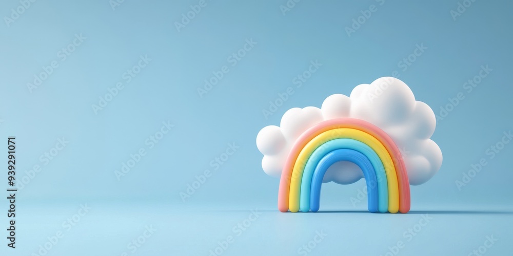 Poster a 3d icon of a cloud with a rainbow representing a clear sky after rain designed in a simple and col
