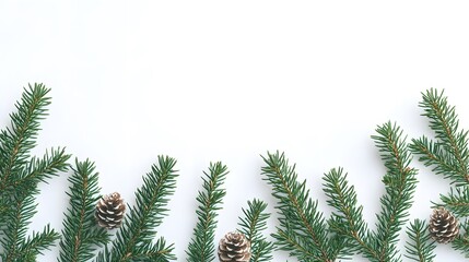 Obraz premium Christmas pine branches, evergreen sprigs, pure white background, copy space for text, festive border, green fir twigs, panoramic composition, minimalist holiday design.