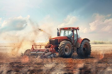 Fototapeta premium Farm worker driving tractor prepares for harvest