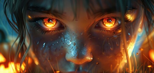 Close-up of a woman's eyes glowing with fiery intensity, surrounded by dark and mysterious atmosphere, evoking a sense of fantasy and power.