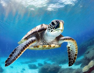 Green sea turtle swimming underwater in deep blue ocean with corals.
