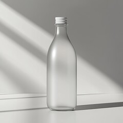 Frosted glass bottle with a white lid on a white surface with light streaks.