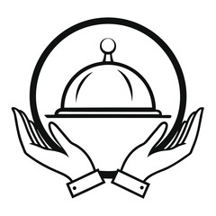Fototapeta premium Simple vector logo of a hand holding an open platter with food, featuring smoke rising above, set against a white background
