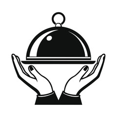 Fototapeta premium Simple vector logo of a hand holding an open platter with food, featuring smoke rising above, set against a white background