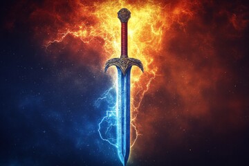 A timeless sword with a classic design is featured against an electrifying backdrop of intense blue and red flames, representing a clash of elemental forces.