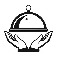 Obraz premium Simple vector logo of a hand holding an open platter with food, featuring smoke rising above, set against a white background