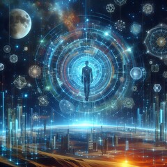 Obraz premium Digital Enlightenment: Meditation in a Futuristic World,Generative AI